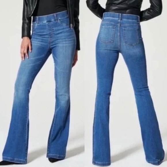 Spanx Flare Leg Pull On Denim Jeans Comfort Waist Vintage indigo Large Petite - Picture 1 of 9